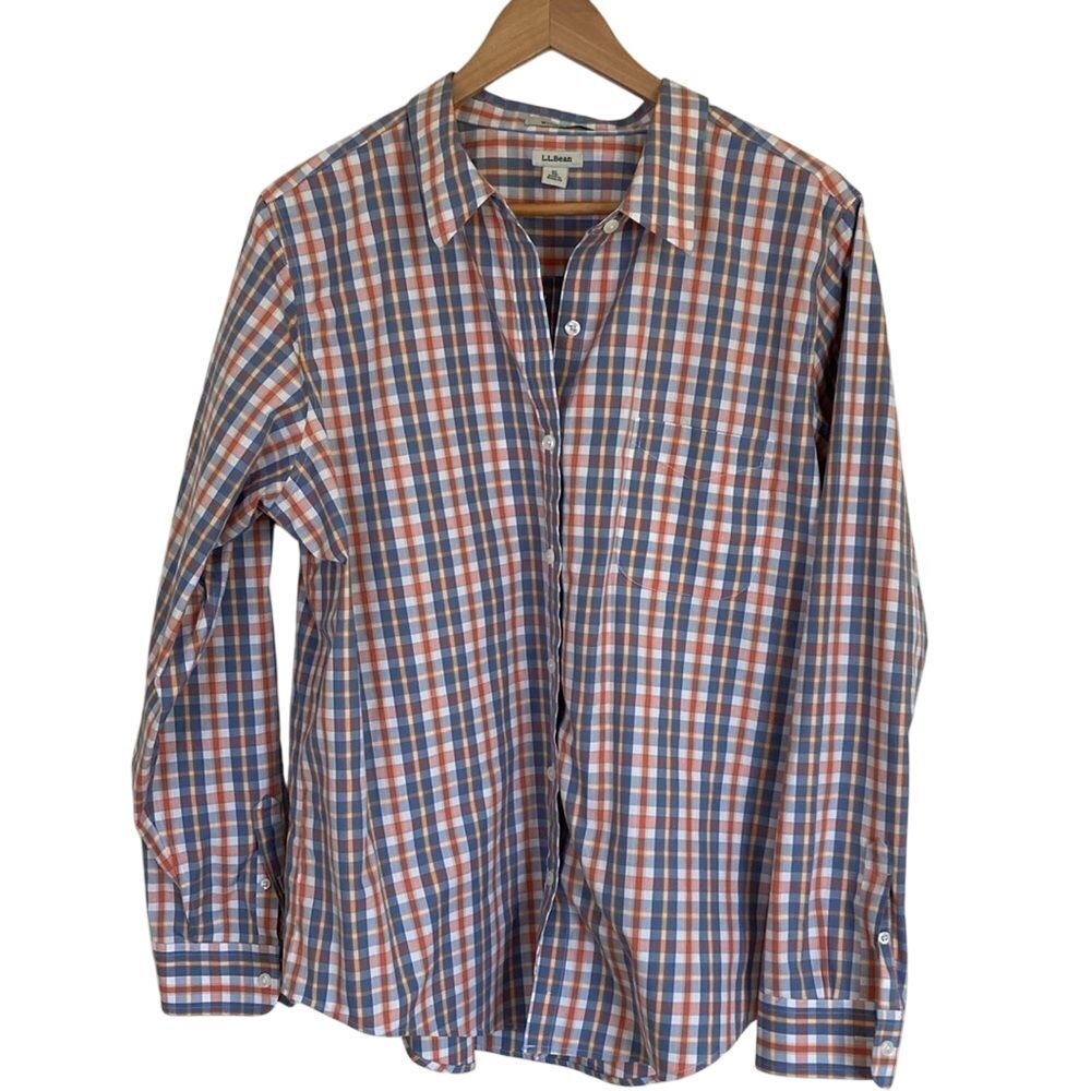 L.L. Bean Womens Button Up Shirt XL Blue Plaid Long Sleeve Cotton Classic‎